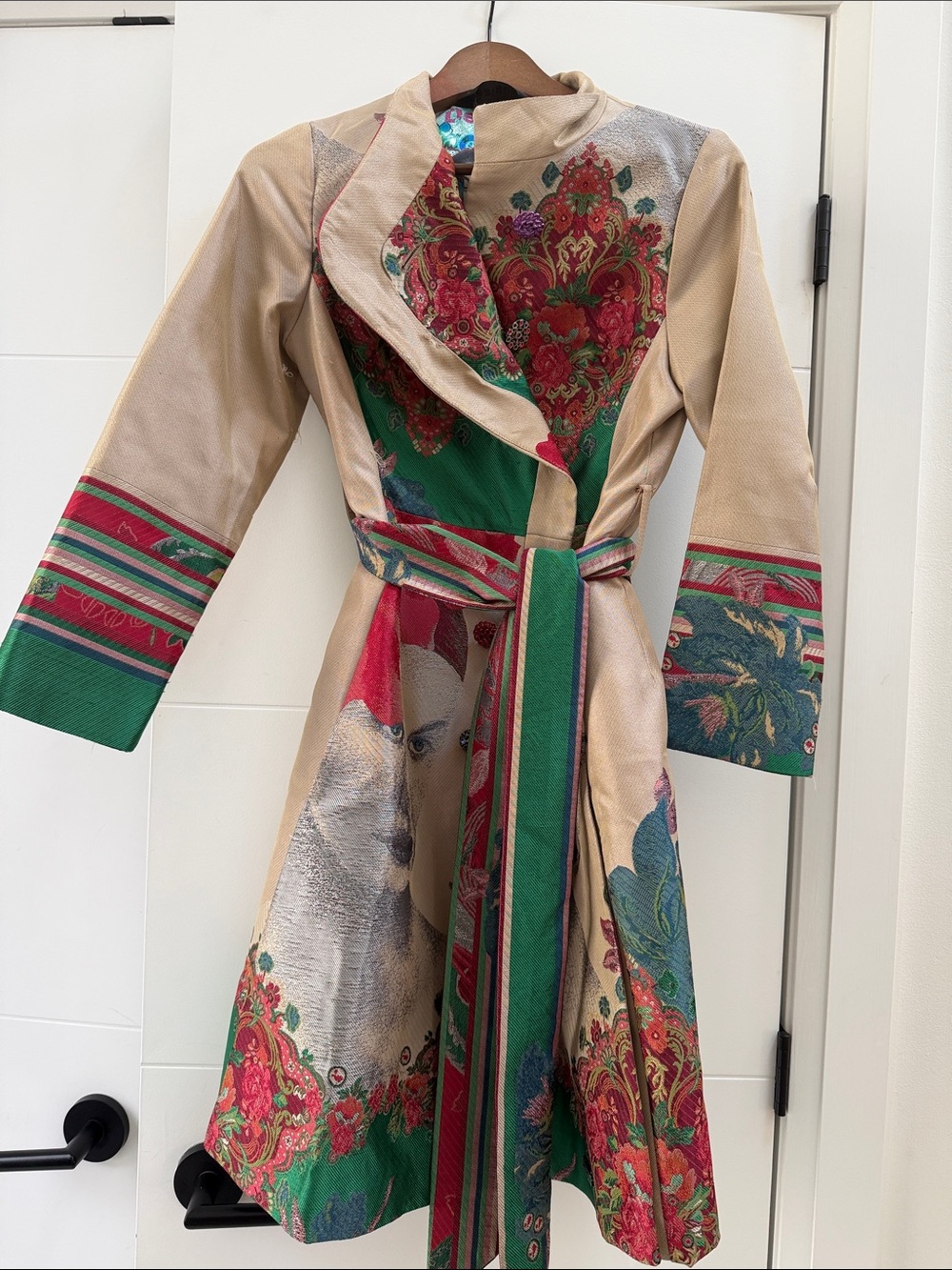 Desigual Beige and Green Floral Patchwork Trench Coat